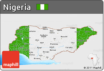 Flag Panoramic Map of Nigeria, single color outside, bathymetry sea, flag centered
