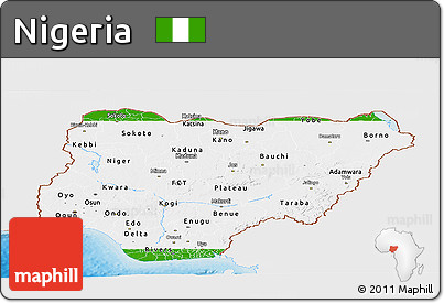 Flag Panoramic Map of Nigeria, single color outside, bathymetry sea, shaded relief sea, flag aligned to the middle