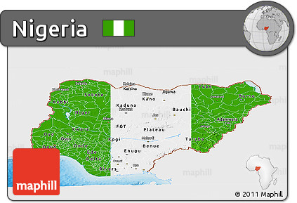 Flag Panoramic Map of Nigeria, single color outside, bathymetry sea, shaded relief sea