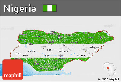 Flag Panoramic Map of Nigeria, single color outside, shaded relief sea, flag rotated