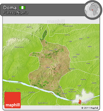 Satellite 3D Map of Doma, physical outside