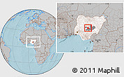 Gray Location Map of Keffi, highlighted country, highlighted parent region, within the entire country, hill shading