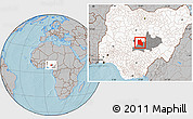 Gray Location Map of Keffi, highlighted country, highlighted parent region, hill shading
