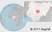 Gray Location Map of Keffi, highlighted country, hill shading