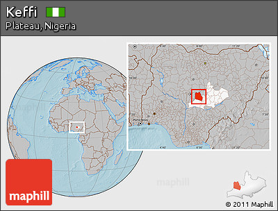 Gray Location Map of Keffi, highlighted parent region, hill shading