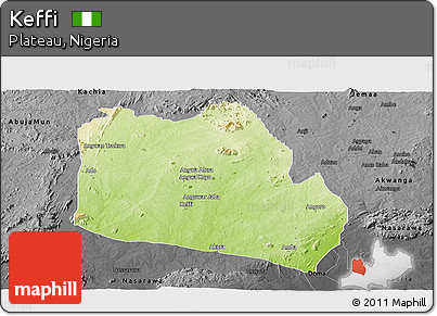 Physical Panoramic Map of Keffi, darken, desaturated