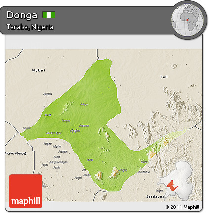 Physical 3D Map of Donga, shaded relief outside