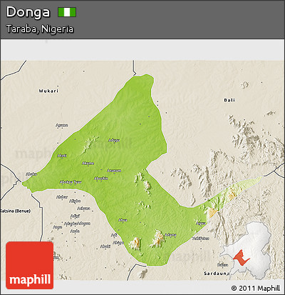 Physical 3D Map of Donga, shaded relief outside
