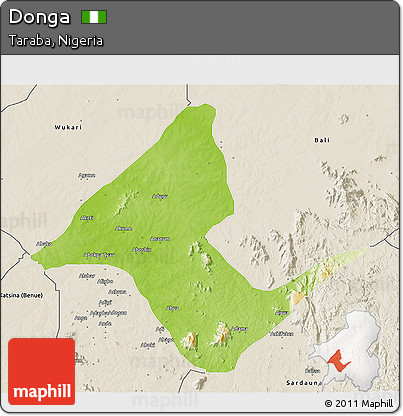 Physical 3D Map of Donga, shaded relief outside