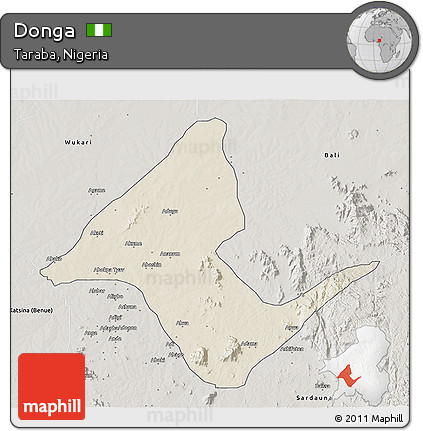 Shaded Relief 3D Map of Donga, semi-desaturated