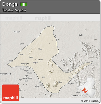 Shaded Relief 3D Map of Donga, semi-desaturated