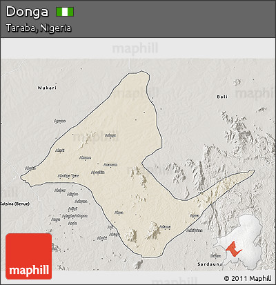 Shaded Relief 3D Map of Donga, semi-desaturated
