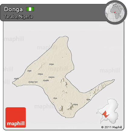 Shaded Relief 3D Map of Donga, single color outside