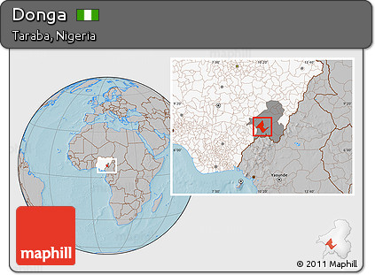 Gray Location Map of Donga, highlighted country, highlighted parent region, hill shading