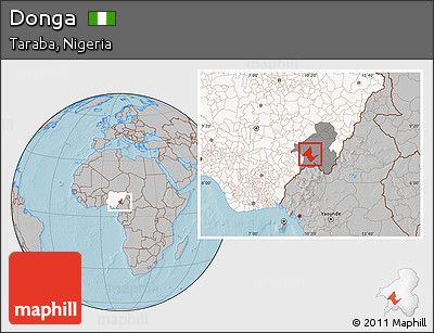 Gray Location Map of Donga, highlighted country, highlighted parent region, hill shading