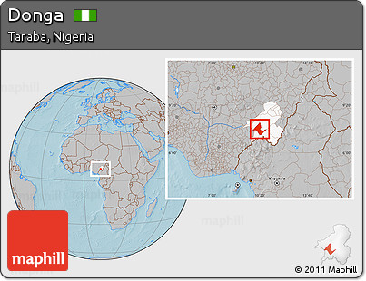 Gray Location Map of Donga, highlighted parent region, hill shading