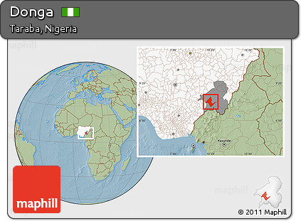 Savanna Style Location Map of Donga, highlighted country, highlighted parent region, hill shading