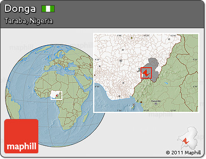 Savanna Style Location Map of Donga, highlighted country, highlighted parent region, hill shading