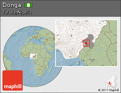 Savanna Style Location Map of Donga, highlighted country, highlighted parent region, hill shading