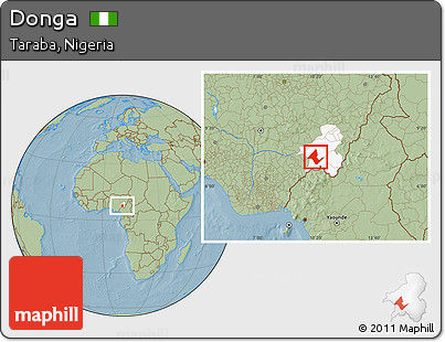 Savanna Style Location Map of Donga, highlighted parent region, hill shading