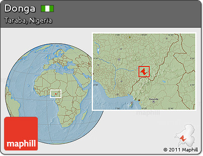 Savanna Style Location Map of Donga, hill shading