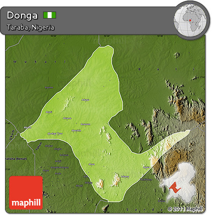 Physical Map of Donga, darken