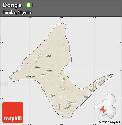 Shaded Relief Map of Donga, single color outside