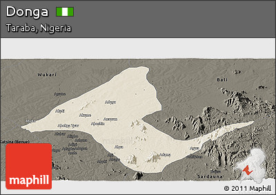 Shaded Relief Panoramic Map of Donga, darken