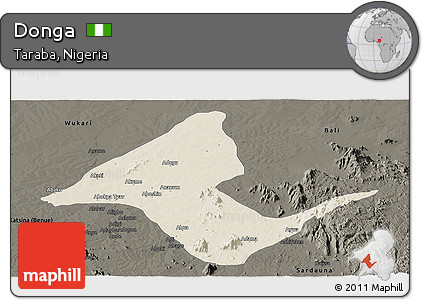 Shaded Relief Panoramic Map of Donga, darken