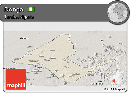 Shaded Relief Panoramic Map of Donga, semi-desaturated