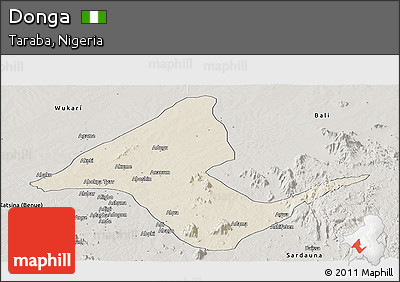Shaded Relief Panoramic Map of Donga, semi-desaturated