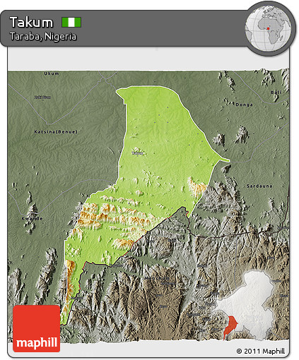 Physical 3D Map of Takum, darken, semi-desaturated
