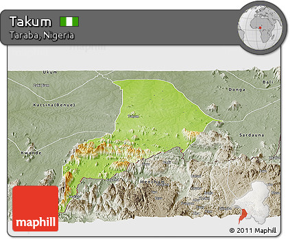 Physical Panoramic Map of Takum, semi-desaturated