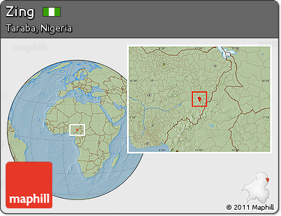 Savanna Style Location Map of Zing, hill shading
