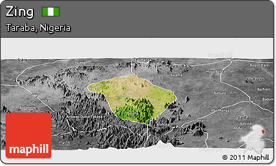 Satellite Panoramic Map of Zing, desaturated