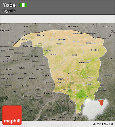 Satellite 3D Map of Yobe, darken, semi-desaturated