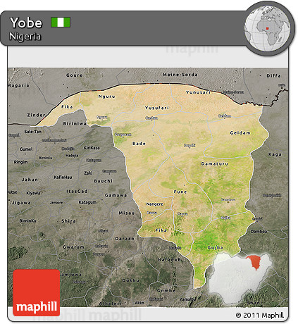 Satellite 3D Map of Yobe, darken, semi-desaturated