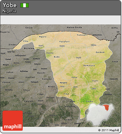 Satellite 3D Map of Yobe, darken, semi-desaturated
