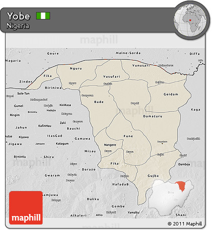 Shaded Relief 3D Map of Yobe, desaturated