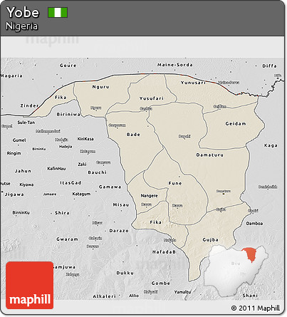 Shaded Relief 3D Map of Yobe, desaturated