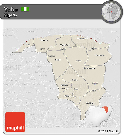 Shaded Relief 3D Map of Yobe, lighten, desaturated