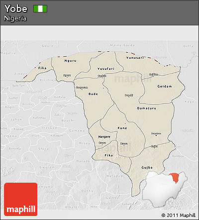 Shaded Relief 3D Map of Yobe, lighten, desaturated