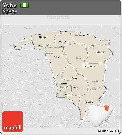 Shaded Relief 3D Map of Yobe, lighten, desaturated