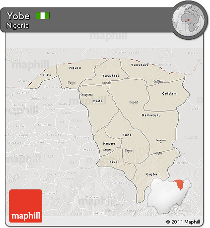 Shaded Relief 3D Map of Yobe, lighten, semi-desaturated
