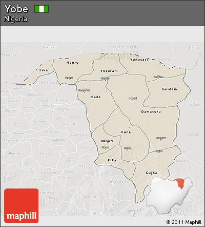 Shaded Relief 3D Map of Yobe, lighten, semi-desaturated