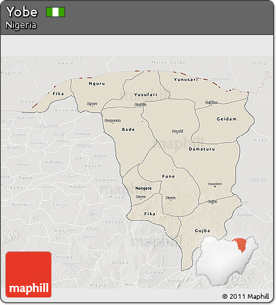 Shaded Relief 3D Map of Yobe, lighten, semi-desaturated