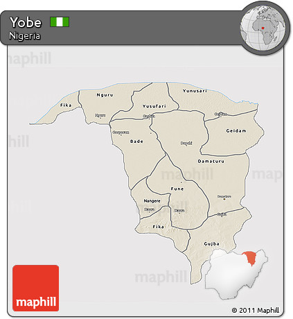 Shaded Relief 3D Map of Yobe, single color outside