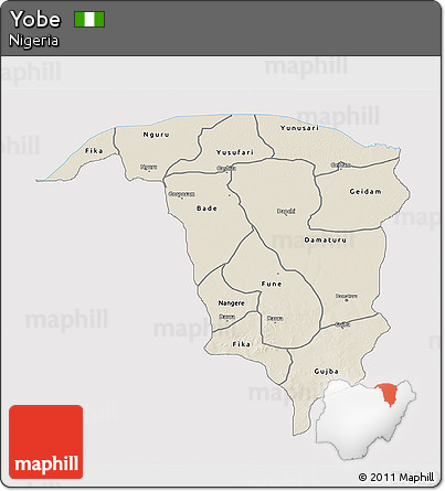 Shaded Relief 3D Map of Yobe, single color outside