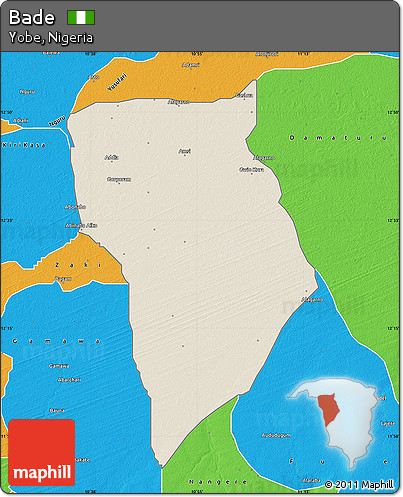 Shaded Relief Map of Bade, political outside