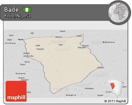 Shaded Relief Panoramic Map of Bade, desaturated